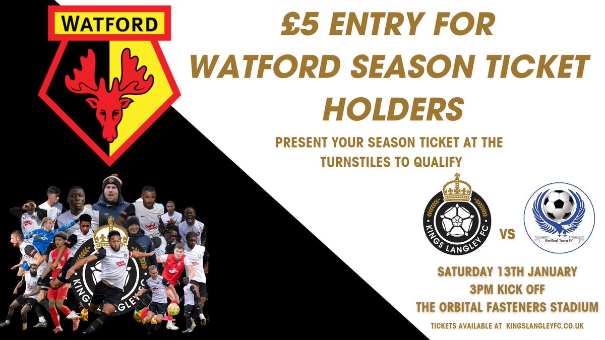 KLFCofficial's tweet image. Attention @WatfordFC Season Ticket Holders! 

Why not support your local non-league club this weekend? We will even let you in for half price if you do.

Get yourselves down to The Orbital Fasteners Stadium and take in playoff chasing Kings Langley against title chasing Bedford…