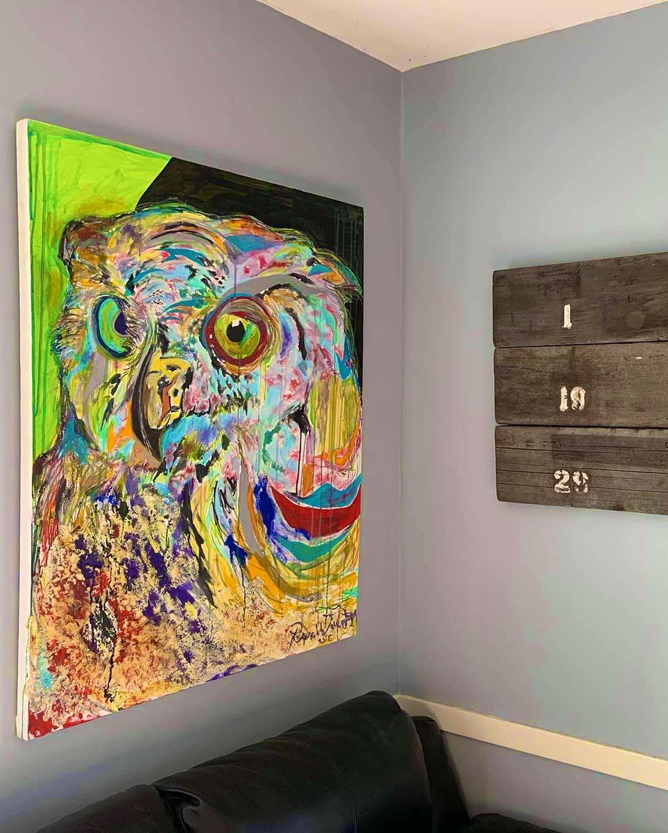 (Sold) “yellow manic owl” mixed media on canvas by Russell Frantom 2016 

#birda #artgallery #painting