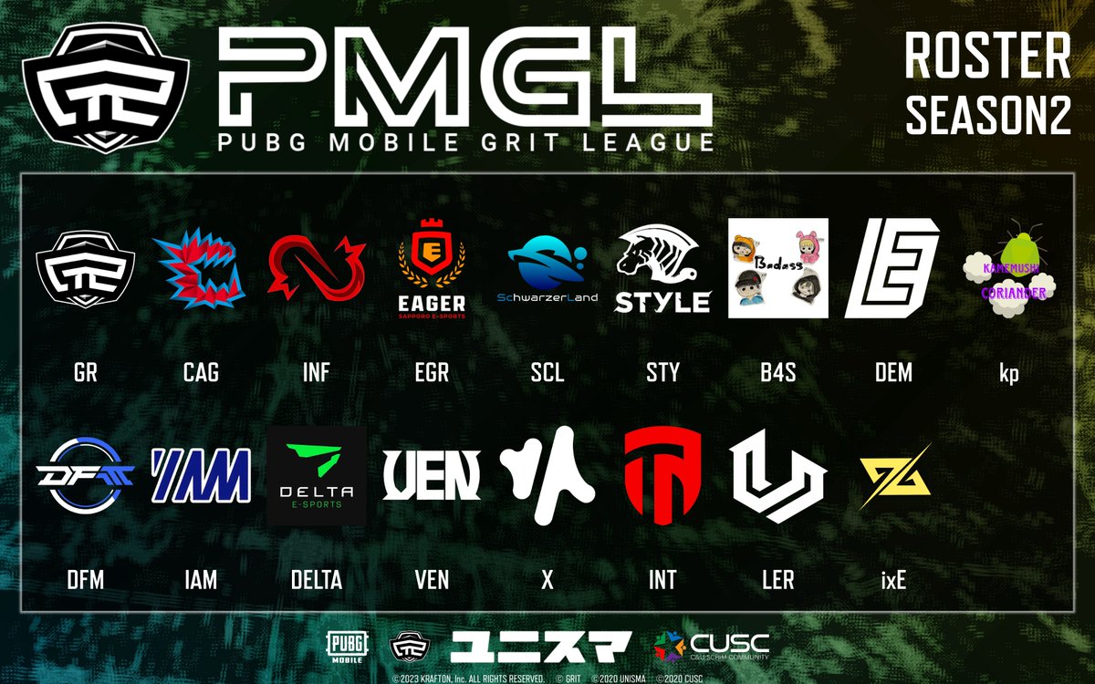 PubgmUnisma's tweet photo. 本日よりPMGL  SEASON 2スタートです✨
DAY1  1/10
DAY2  1/17
DAY3  1/24
3DAYのリーグとなっております⭐️

SEASON 2のロースターです‼️

本日のMAPは森-砂-島-島🗺️
21:00スタート✨

実況は、しかのせんべいさん（＠shikanosenbei）です🫶
【配信先】
https://t.co/7YULA6Y8lb

全チーム頑張ってください‼️