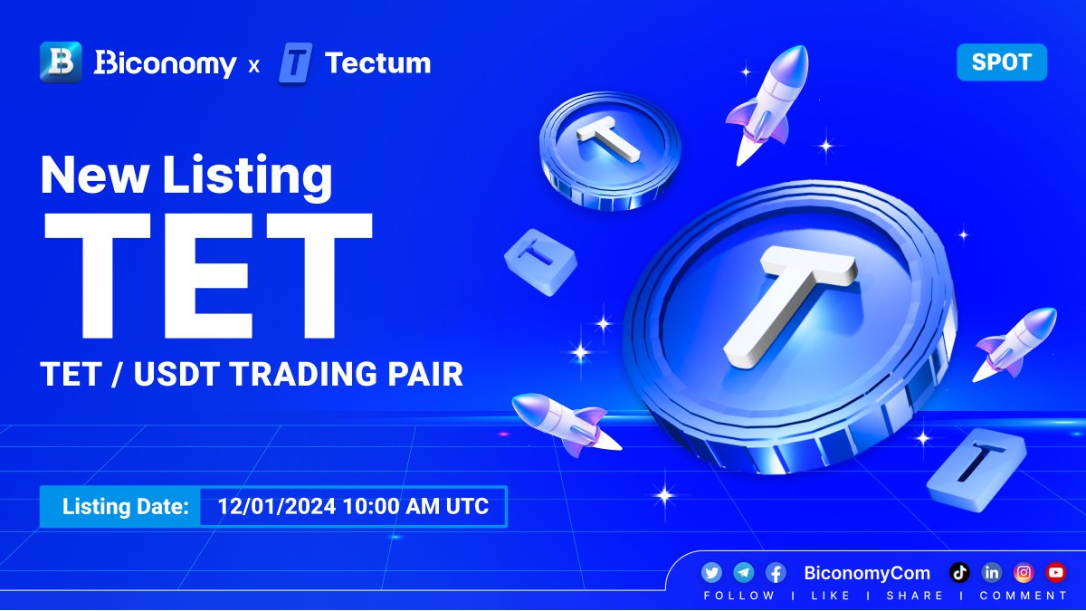 🚀 NEW LISTING 🔥 $TET #Biconomy will list @tectumsocial and open the #TET  / #USDT trading pair on 12/01/2024 at 10:00 AM UTC.🔥 🗓️Open deposit and  withdrawal time: 12/01/2024 10:00 AM UTC