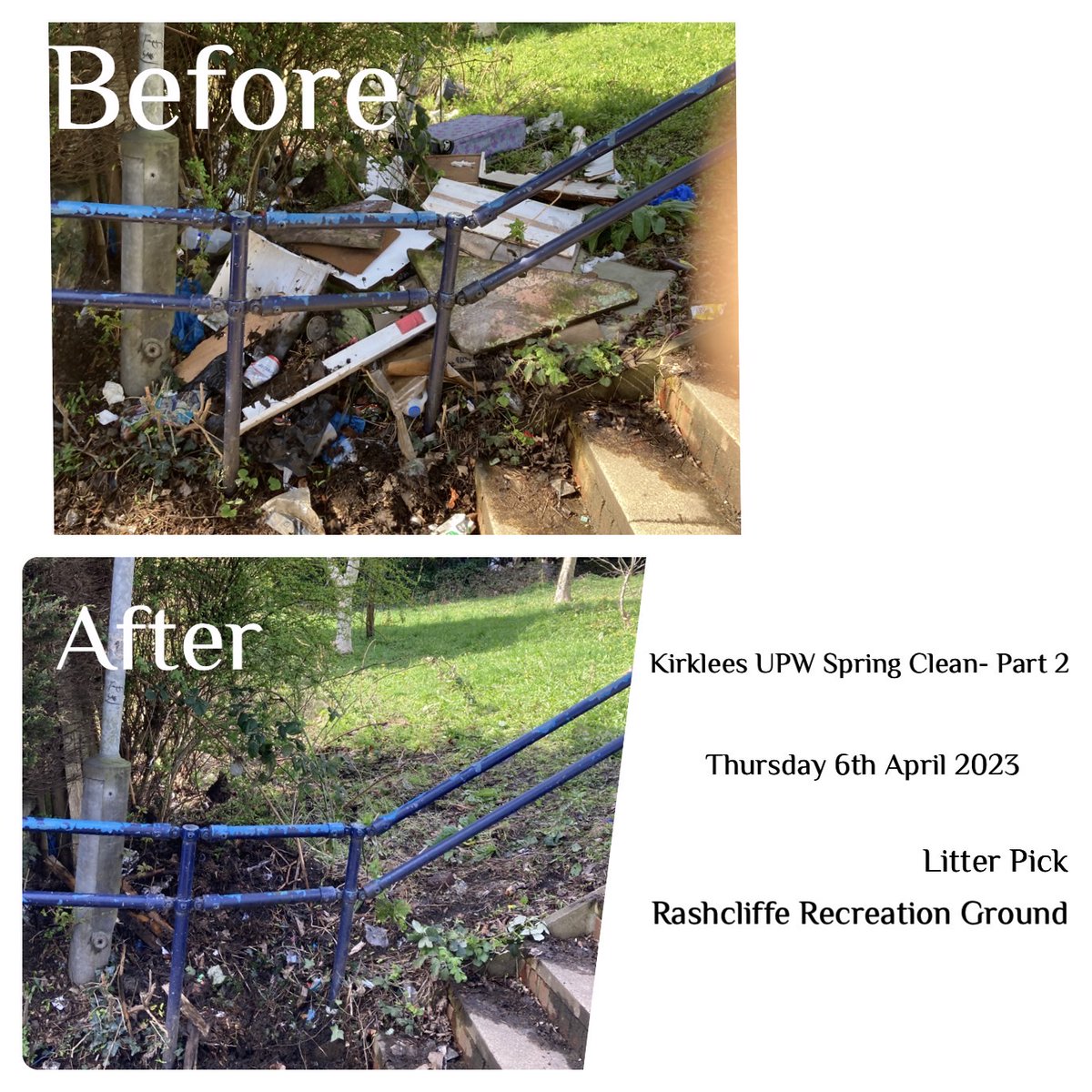 CP_Kirklees's tweet photo. Check out our community payback spring clean from April 2023 at Rashcliffe recreation ground. https://t.co/FJCl7feNOD