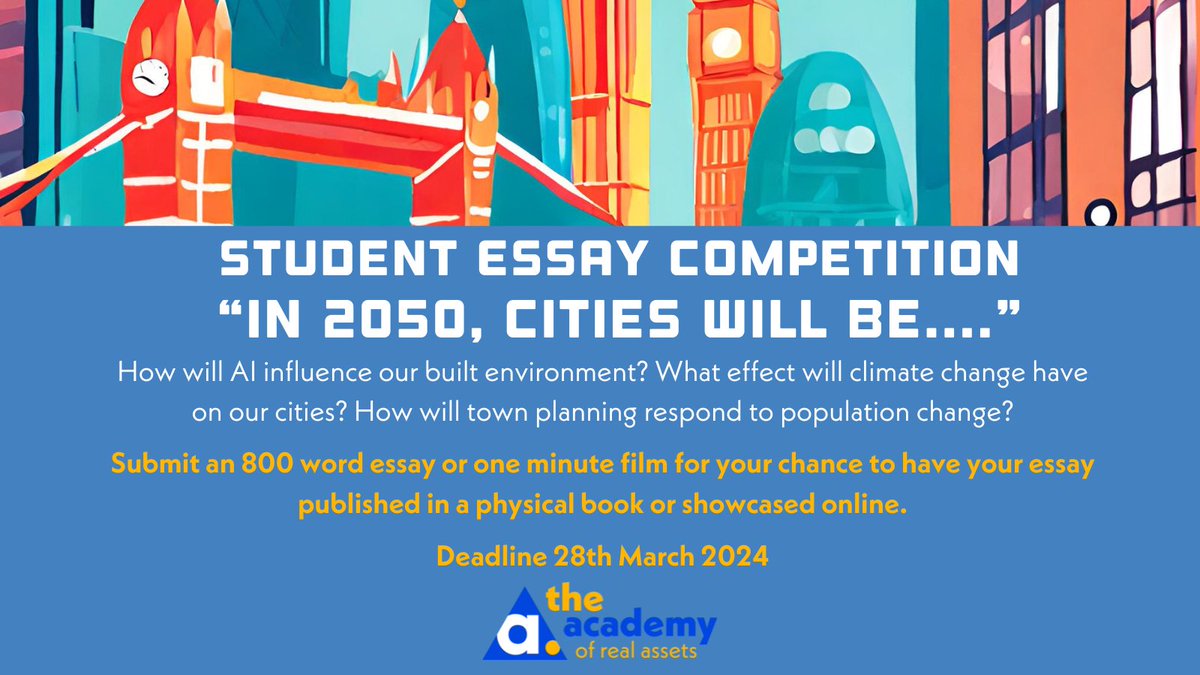 What will our cities be like in the year 2050?

We are very excited to launch our third annual student essay competition - 'In 2050, Cities Will Be...'

acadrealassets.com/essaycompetiti…

#realestate #realassets #students #schools  #essaycompetition