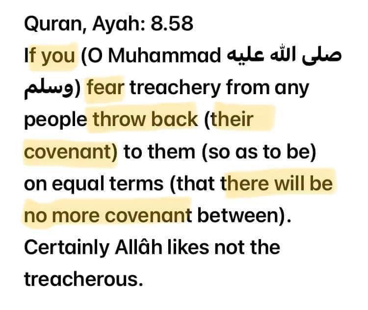 Quran 8.58—meaning: If Muslims have only 'fear' that infidels will break their agreements, they can unilaterally revoke them in advance. So there is actually no meaning in signing an agreement with Islam.
~ <a href="/Ofer_binshtok/">Ofer Binshtok - Kafir - עופר בינשטוק</a>