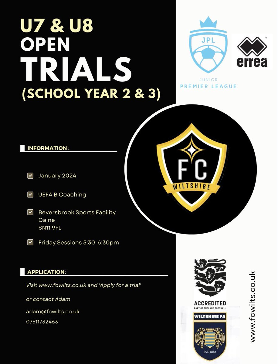 ⚽️ Open Trials for u7s and U8s (School Years 2 + 3) ⚽️ Use the link below to book your place ⬇️ fcwilts.co.uk/get-involved/ Or email Adam@fcwilts.co.uk