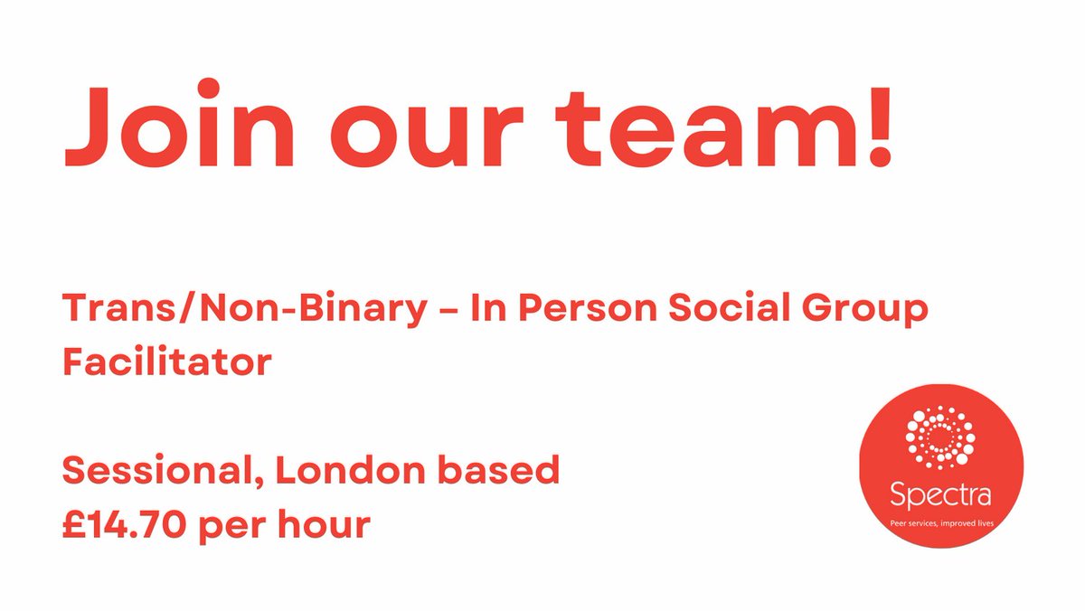 Spectra_London's tweet photo. Exciting new role!
Do you want to support other trans and non-binary (TNB) people by facilitating a regular in-person social group?

 If so, this could be for you.

Follow this link: https://t.co/t7KbwYqBIL
#ldnlgbt #ldn #trans #NB #transandnonbinary #queer #queerldn https://t.co/7m6jnFuBT5