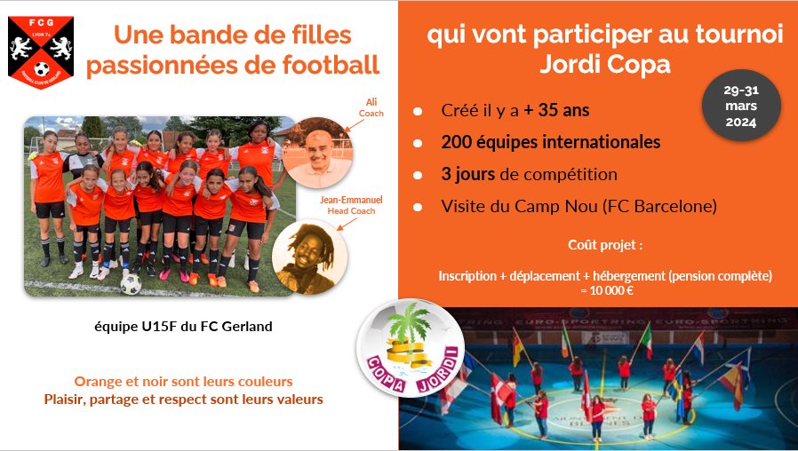 ClubGerland's tweet photo. Soutenez notre cagnotte pour permettre à 20 talentueuses footballeuses lyonnaises de participer au tournoi international Jordi Copa à Barcelone, du 29 au 31 mars 2024. https://t.co/Bkxt7mImcp