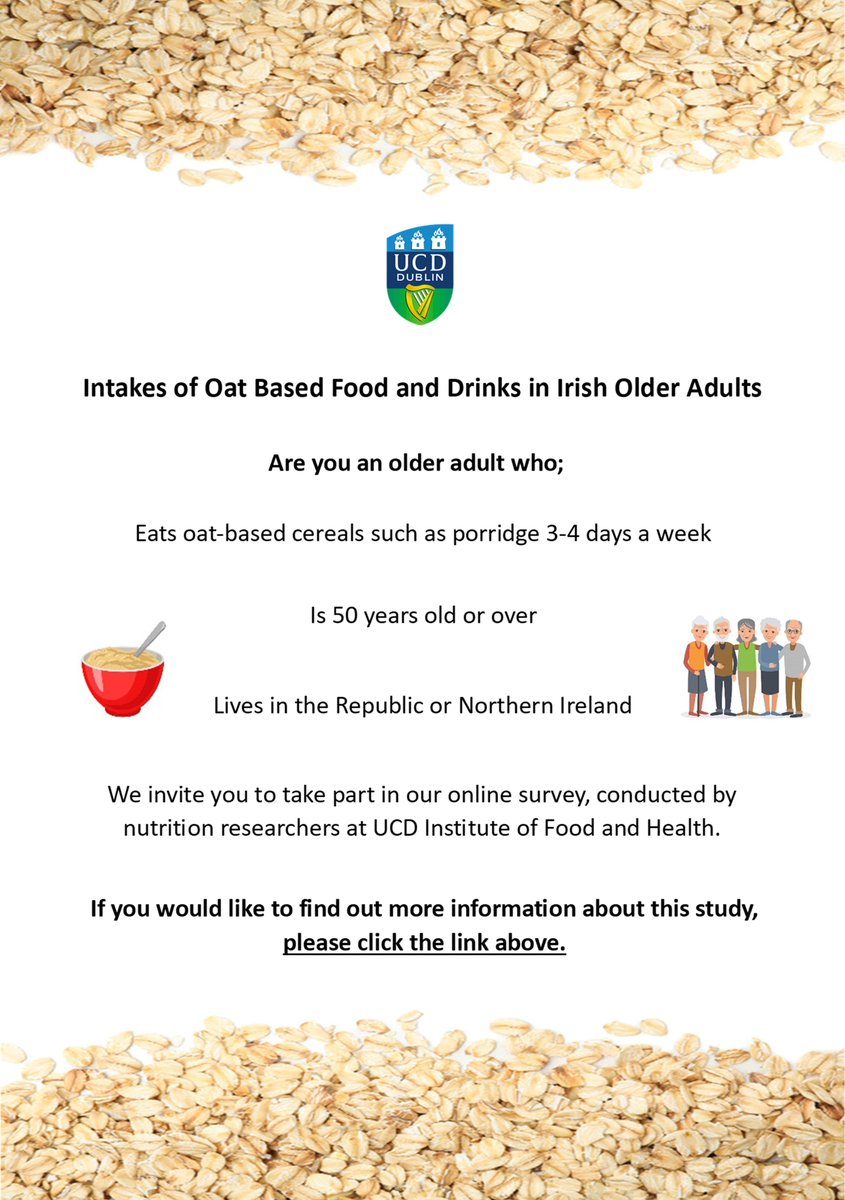 Are you a parent/guardian of a preschool child (between 1-4yrs) or an older adult (50yrs or over), with a high intake of oat-based food/drinks and living in the Republic or Northern Ireland? Please take part in our online survey. Link: rb.gy/a9kj24
