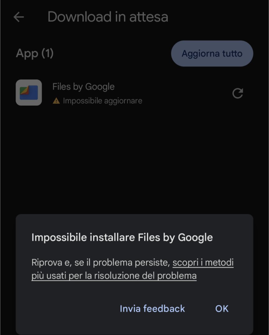 Fraxlin's tweet photo. E' da ieri che la nuova versione di Files by Google da problemi di aggiornamento. A quanto pare sta succedendo anche ad altri utenti man mano che l'aggiornamento viene distribuito, ma ancora nessun sito italiano o inglese che ne parla. #filesbygoogle https://t.co/5EIdRdRzBu