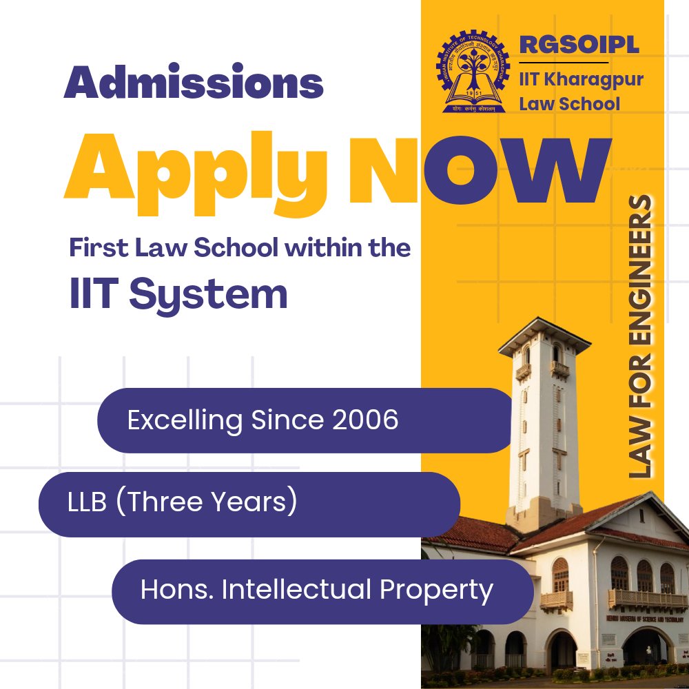 noticebard's tweet photo. 🔔 Admissions: LL.B. (Bachelor of Laws), Master of Laws (LL.M) Programs at Rajiv Gandhi School of Intellectual Property Law, Kharagpur: Apply by Jan 31

🔴 Know more here: https://t.co/V9E0yfPBx7.

🔴 Click here to apply: https://t.co/qnlW7SEIAL. https://t.co/G2MiynkTU0
