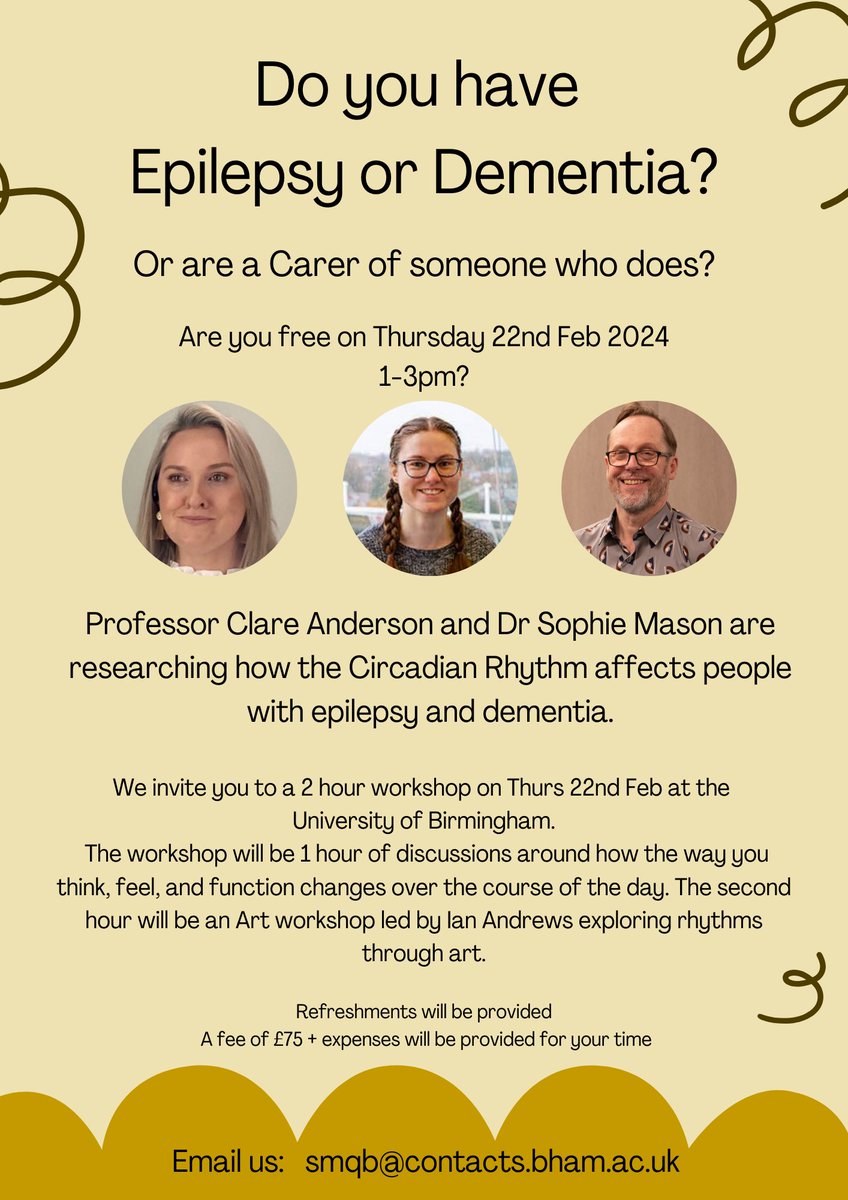 Do you have Epilepsy or Dementia? Or care for someone who does? We would like to invite you to a discussion/art workshop on 22nd Feb 1-3pm at @unibirmingham, to discuss circadian rhythms. Email or DM us for more info! #epilepsy #dementia @sleepyclare @EpilepsyInst @DementiaUK