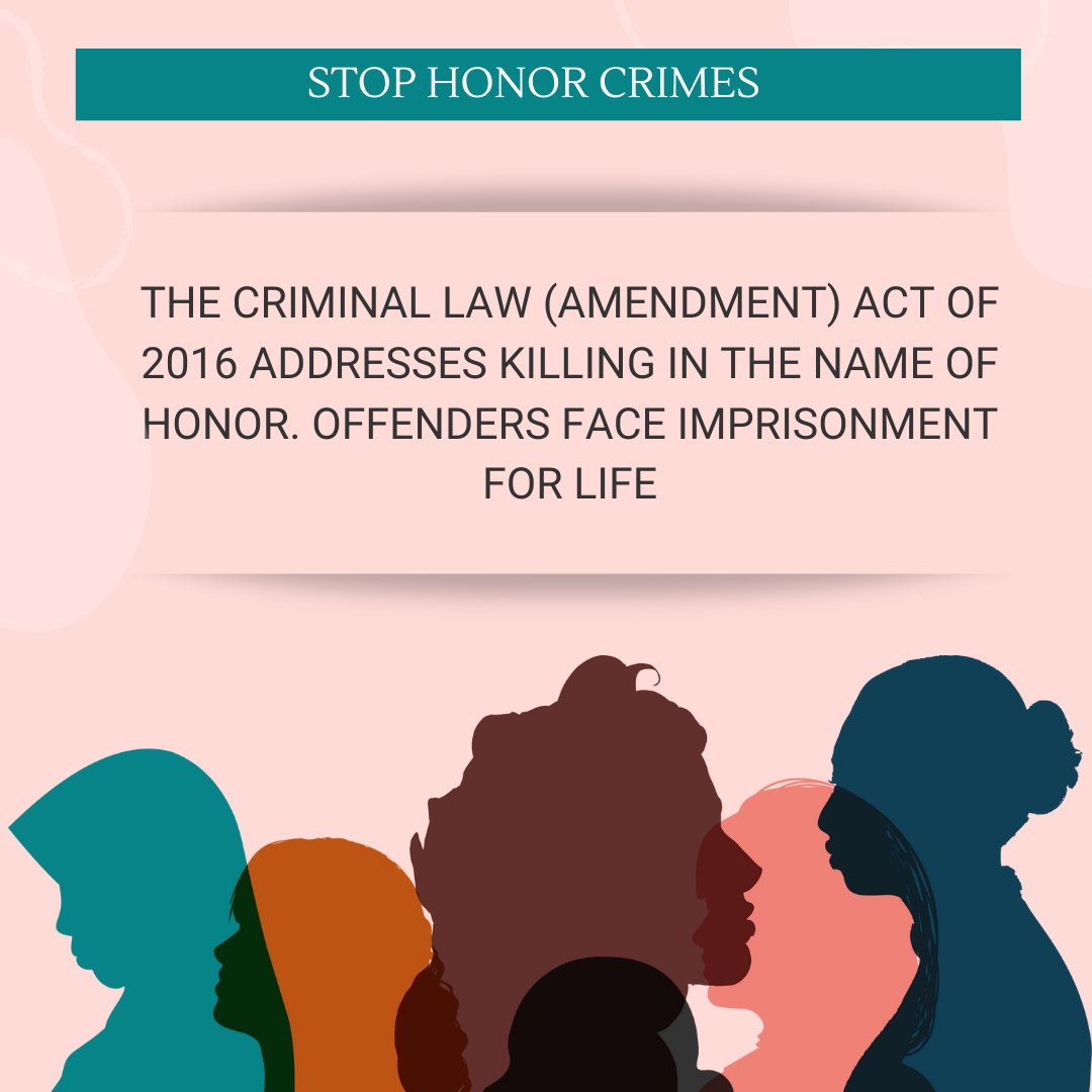 فوجداری قانون (ترمیمی) ایکٹ 2016 غیرت کے نام پر قتل کی روک تھام کو ممکن بناتا یے۔ غیرت کے نام پر قتل کرنے والے مجرموں کی سزا تاحیات قید ہے

#STOPHonorCrimes #GenderParity #RespectWomen