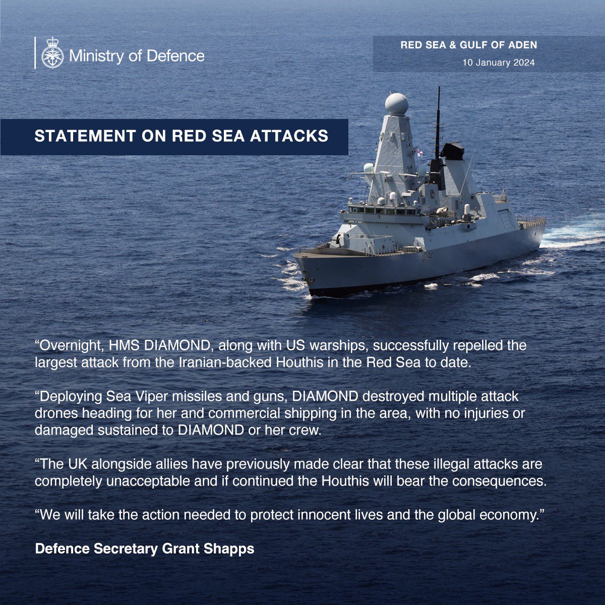 HMS DIAMOND, along with US warships, has repelled the largest attack by the Iranian-backed Houthis in the Red Sea to date. Destroying multiple attack drones with her guns and sea viper missiles.