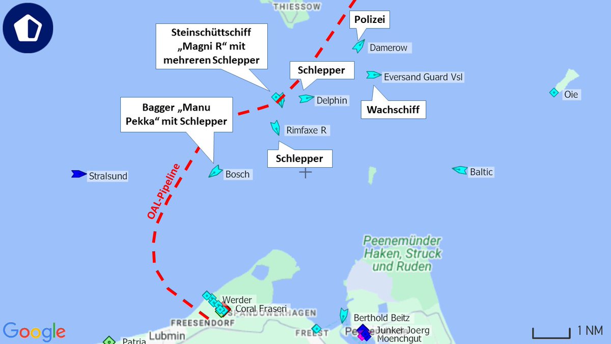 Jetzt gerade im Greifswalder Bodden: Trotz unseres Eilantrags auf Baustopp lässt #Gascade die #LNG-Pipeline für #Rügen weiter bauen. Zahlreiche Bauschiffe und Schlepper sind unterwegs. Das #Bundesverwaltungsgericht muss auf unsere Klage reagieren und dies sofort stoppen!