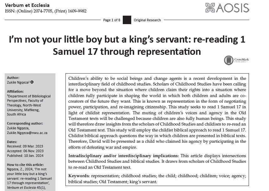 Today my latest article was published in Verbum et Eclessia. Blessed be God forever. This article displays intersections of Childhood Studies and Biblical Studies.

Here is the link: doi.org/10.4102/ve.v45….
#AcademicTwitter #AcademicChatter