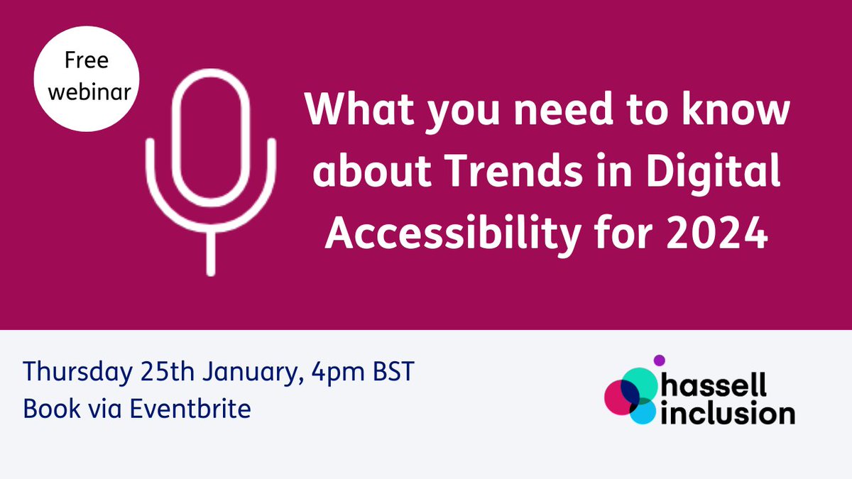 HassellInc's tweet photo. Thinking about your #Digital #A11y strategy for 2024? On 24th Jan, we’ll discuss the digital #Trends and opportunities that we believe will be important for the next 12 months. Book for our free webinar: 

https://t.co/yV3mhN4iTU 

#DigitalAccessibility #Trends2024 https://t.co/K0OObuqMKd