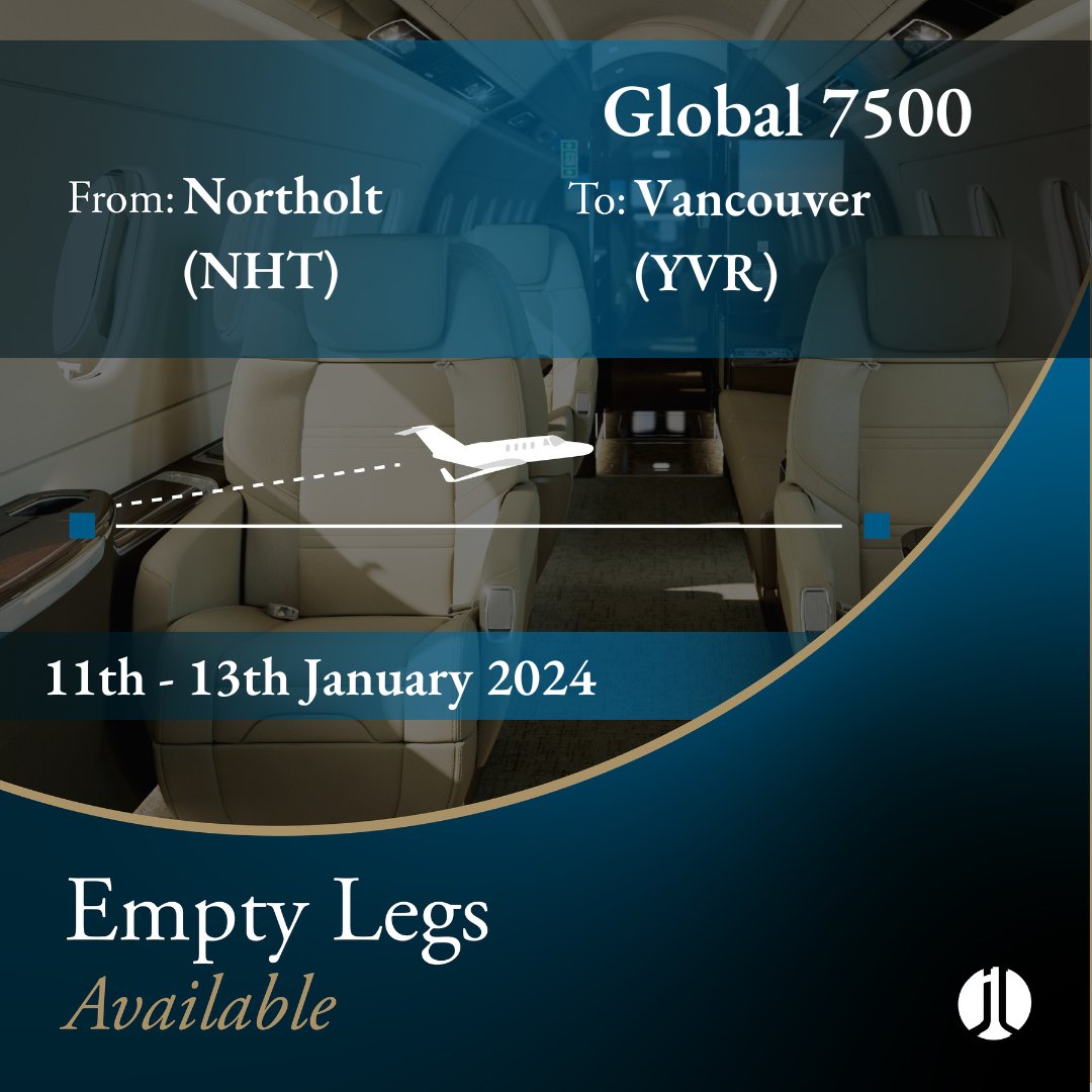 EMPTY LEG ALERT. #Northolt >>> #Vancouver. 11th - 13th January 2024. 14 pax. Contact @jetlogic to discuss your charter requirements. > +44 131 478 0802 > jlcharter@jetlogic.com #FlyJetlogic #EmptyLeg #PrivateJet