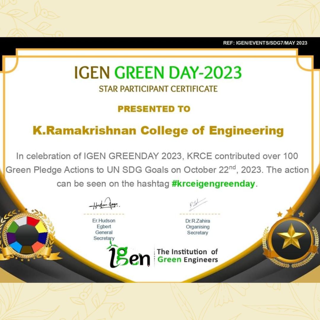 K.Ramakrishnan College of Engineering (KRCE) honoured with The Institution of Green Engineers' Certificate of Appreciation for helping organize #IGENGREENDAY 2023! 

 #krceigengreenday #krce #krceigengreenday #GreenEngineers #SustainableEngineering #IGEInspires #EcoEngineering