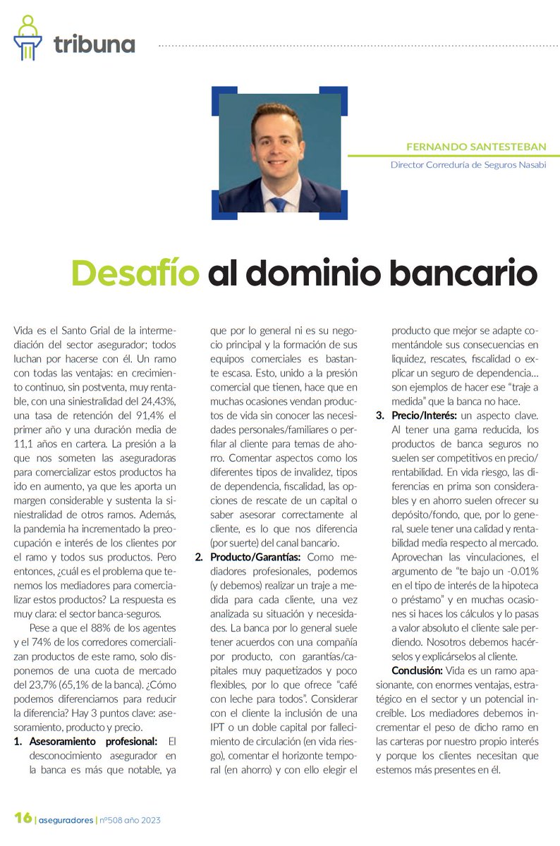 ✍️TRIBUNA | El mediador colegiado de #Navarra Fernando Santesteban, director de <a href="/NasabiEspabrok/">Nasabi-Espabrok</a>, escribe para la revista Aseguradores sobre los #seguros de Vida.