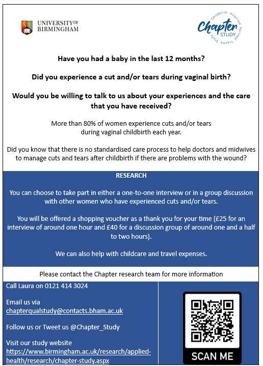 The Childbirth Acquired Perineal Trauma Study (@chapter_study) on Twitter photo Have you had a baby in the last 12 months? Did you experience a cut and/or tear during vaginal childbirth? We would like to hear about your experiences and your views about the care you received. Contact us via email chapterqualstudy@contacts.bham.ac.uk or DM <a href="/Chapter_Study/">The Childbirth Acquired Perineal Trauma Study</a> Have you had a baby in the last 12 months? Did you experience a cut and/or tear during vaginal childbirth? We would like to hear about your experiences and your views about the care you received. Contact us via email chapterqualstudy@contacts.bham.ac.uk or DM <a href="/Chapter_Study/">The Childbirth Acquired Perineal Trauma Study</a>