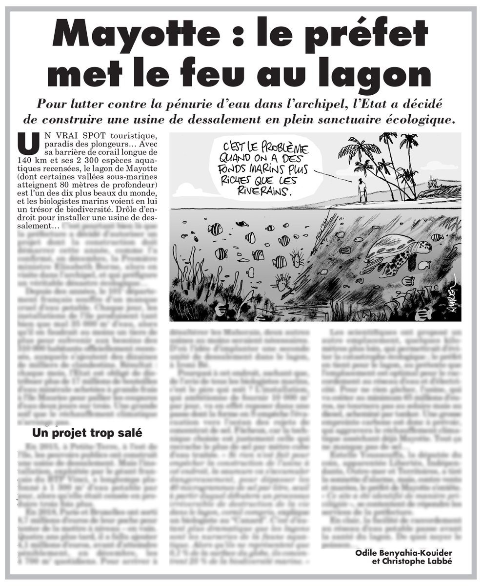 L'Etat a choisi le pire endroit pour construire, à Mayotte, une usine de désalinisation de l’eau de mer. Ses rejets de sel seront balancés au beau milieu du lagon, flinguant au passage sa biodiversité marine, parmi les plus précieuses au monde…

➡️ lecanardenchaine.fr