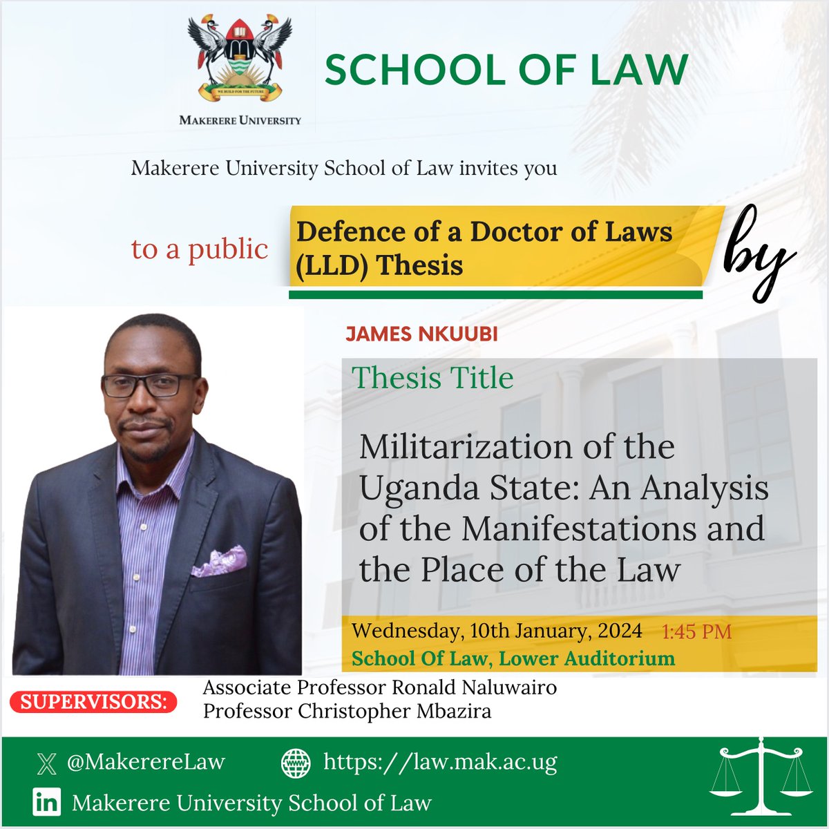 James Nkuubi will defend his Doctor of Laws thesis this afternoon at 2.00pm. You can attend virtually: 
Join Zoom Meeting
us02web.zoom.us/j/87882848788?…

Meeting ID: 878 8284 8788
Passcode: 037640