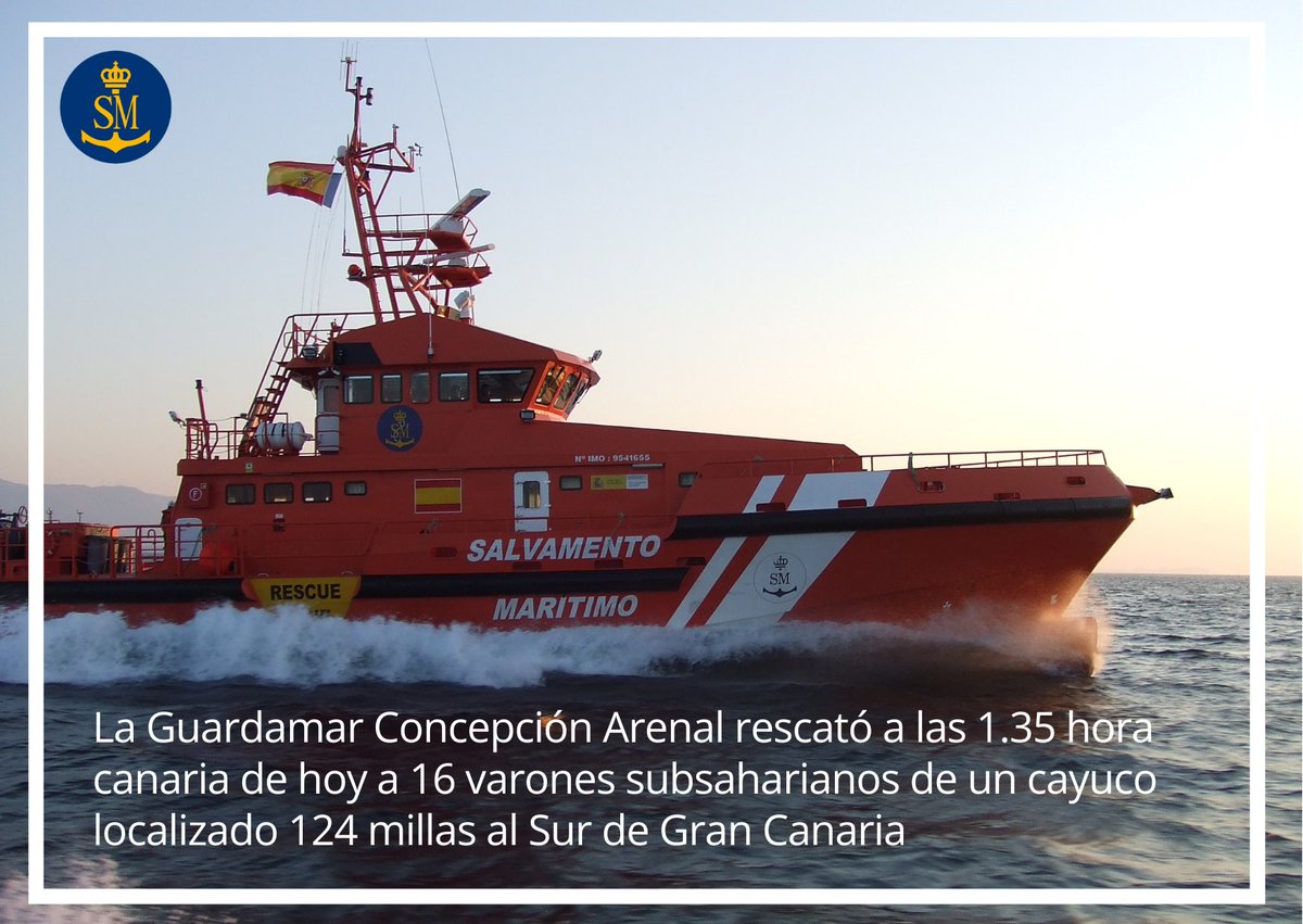 salvamentogob's tweet photo. Velero GRAVITY alerta de embarcación precaria 124 mn S de Gran Canaria. Mercante AVAX espera al costado del cayuco hasta la llegada de la Guardamar Concepción Arenal que rescata a la 1.35h canaria a 16 varones subsaharianos. Desembarcados en La Restinga (El Hierro) a las 8.46 h https://t.co/4T0cqSMMSS