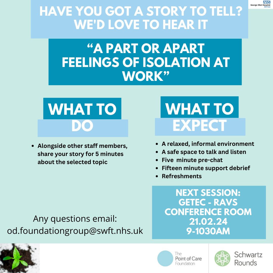 GEH_SWFT_HWB's tweet photo. We have an upcoming rounds at GEH in RAVS Conference Room on 21.02.24 9-1030am and we are looking for storytellers to share their story on the theme ‘A part or Apart – feelings of isolation at work’

If you have any questions, please email odfoundationgroup@swft.nhs.uk https://t.co/Muww1bMmdV