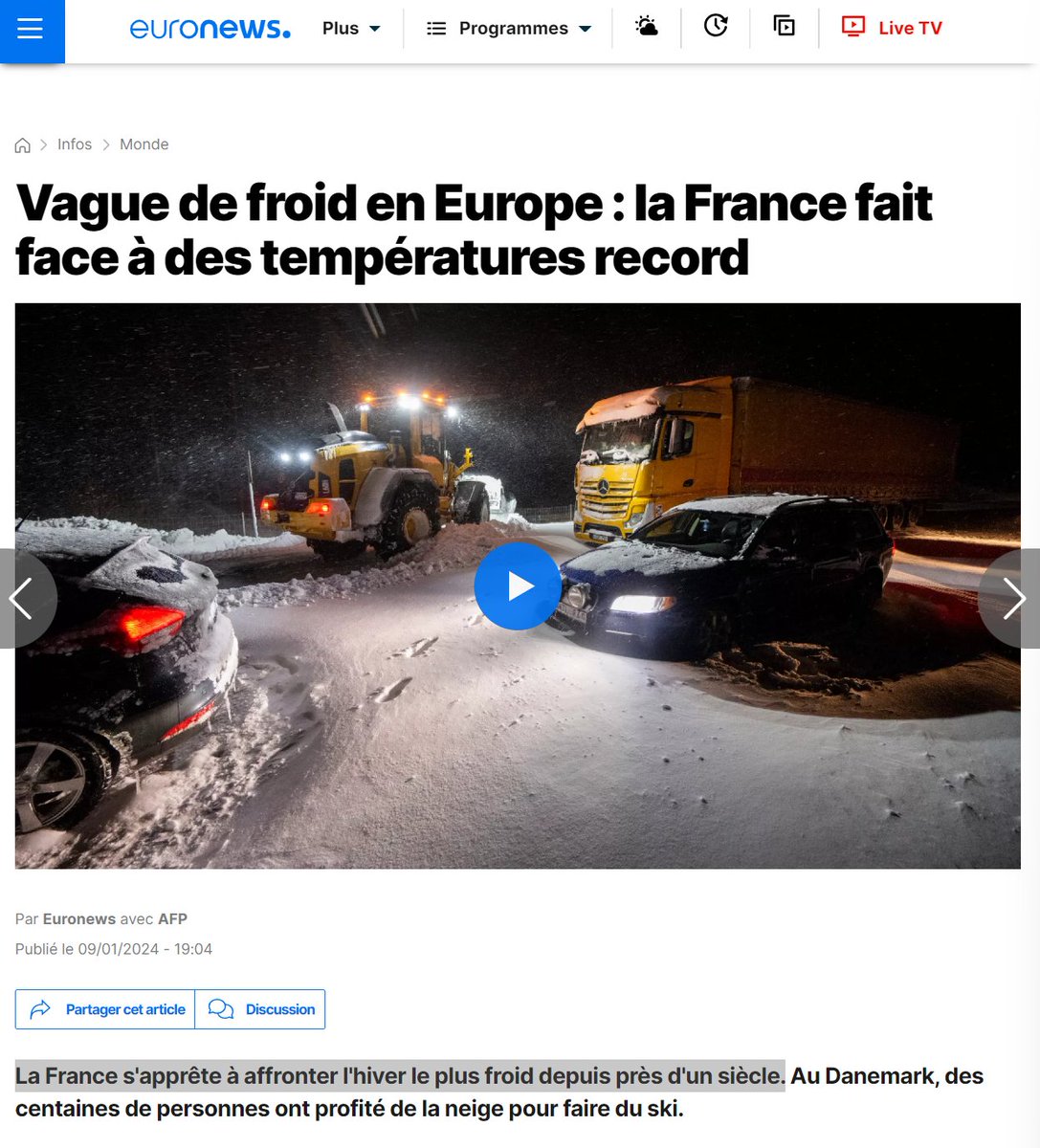 Je suis sidéré. Ca va beaucoup trop loin ! C'est de la désinformation pure @euronews : 'La France s'apprête à affronter l'hiver le plus froid depuis près d'un siècle', 'la France fait face à des températures records'. ➡️Aucun record de froid n'a été battu. ➡️L'hiver est doux,