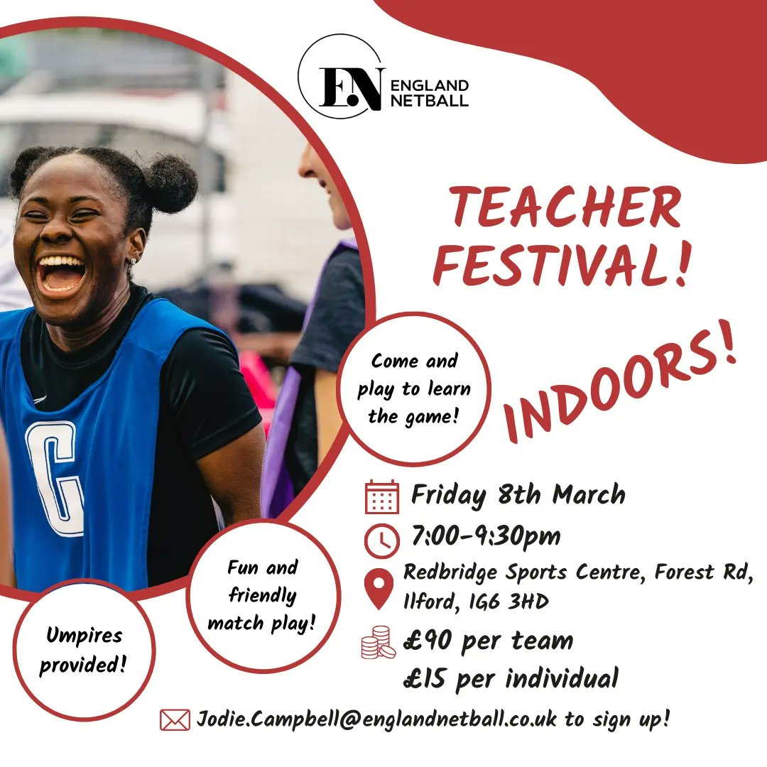 NetballLondonSE (@netballlondonse) on Twitter photo Teacher Festival🎉
Come along to learn and play the game in a safe environment.
You can sign your team up or sign up as an individual🏐
To book your place, send an email to jodie.campbell@englandnetball.co.uk📧
#netball #festival #teachers Teacher Festival🎉
Come along to learn and play the game in a safe environment.
You can sign your team up or sign up as an individual🏐
To book your place, send an email to jodie.campbell@englandnetball.co.uk📧
#netball #festival #teachers