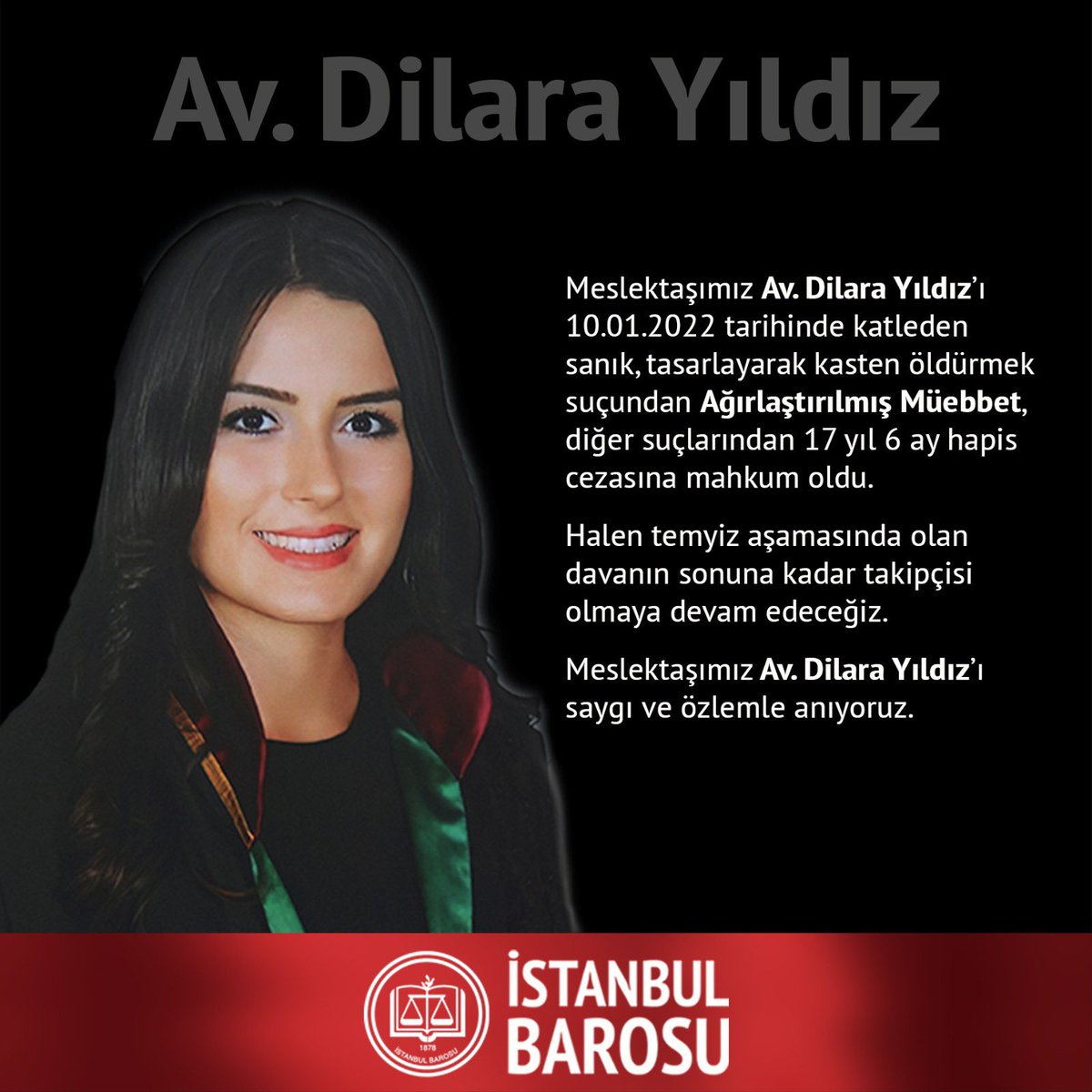 Meslektaşımız Av. Dilara Yıldız’ı 10.01.2022 tarihinde katleden sanık, tasarlayarak kasten öldürmek suçundan Ağırlaştırılmış Müebbet, diğer suçlarından 17 yıl 6 ay hapis cezasına mahkum oldu. 

Halen temyiz aşamasında olan davanın sonuna kadar takipçisi olmaya devam edeceğiz.