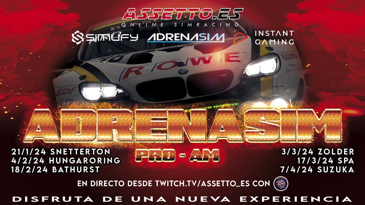 🔥🔥🔥 - RACE DAY -🔥🔥🔥

✅ Campeonato - Adrenasim ProAm
 ✔️Circuito - Bathurst (Mount Panorama)
⛑️ ACC
⏱️Horarios
     ❗️ Qualy: NO 
        ‼️ Race: 20:00h

👀Sigue la carrera en twitch.tv/Assetto_es
 🎙️ Comenta  <a href="/dariocc57/">DarioCc57</a> 

          💞Patrocinan <a href="/AdrenaSim/">Carlos Sim</a> <a href="/simufy/">Simufy</a>