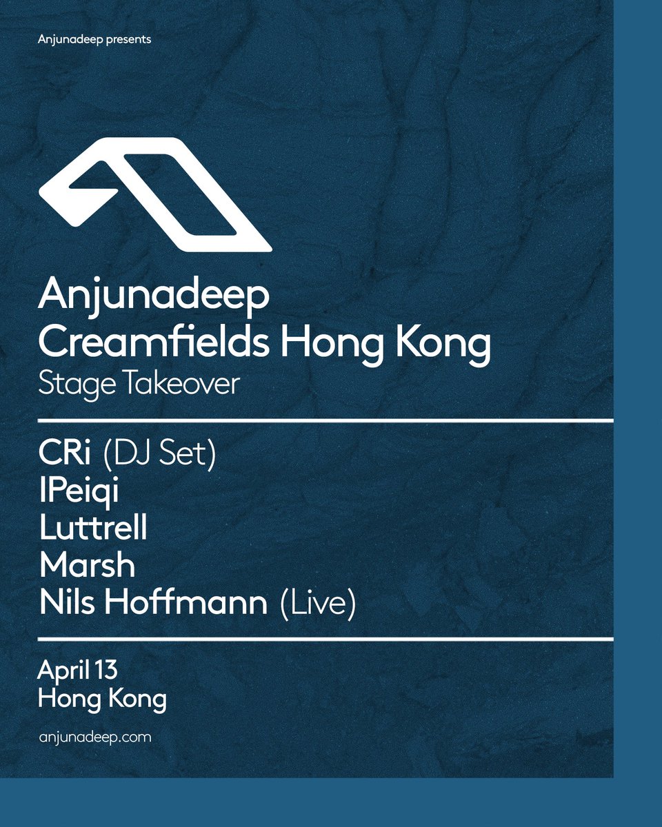 Creamfields Hong Kong, here we come 🇭🇰 We’re excited to announce Anjunadeep are taking over a stage at Creamfields festival in Hong Kong! On April 13, we’ll be joined by @CRi_music, @marshmusician, @IPeiqi, @luttrell_music and @nilshoffmannils. Tickets go on sale this Friday 🔗