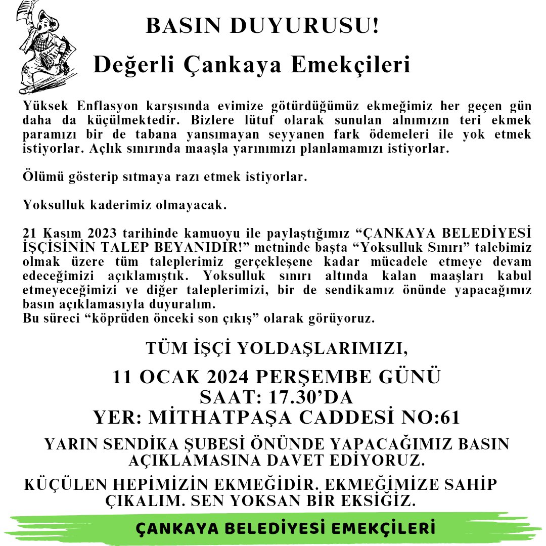 Çankaya Belediyesi Emekçileri (@cankayaemekci) on Twitter photo Çankaya Belediyesi Emekçileri Basın Açıklamasına Çağrı Duyurusu!
@FOXhaber
<a href="/tele1comtr/">Tele1 TV</a>
<a href="/artigercek/">artıgerçek</a>
<a href="/ArtiTV_/">Artı TV</a>
<a href="/halktvcomtr/">Halk TV</a>
<a href="/medyascope/">Medyascope</a>
<a href="/ilerihaber/">İleri Haber</a>
<a href="/gazeteduvar/">duvaR</a>
<a href="/iscitv/">iscitv</a>
<a href="/izgazete/">İz Gazete</a>
<a href="/yurtgazetesi/">Yurt Gazetesi</a>
<a href="/GazeteAlinteri/">AlinteriGazete</a>
<a href="/iscihaber/">İşçi Haber</a>
<a href="/iscigazetesi/">İşçi Gazetesi</a>
<a href="/gazetesozcu/">Sözcü</a>
<a href="/cumhuriyetgzt/">Cumhuriyet</a> Çankaya Belediyesi Emekçileri Basın Açıklamasına Çağrı Duyurusu!
@FOXhaber
<a href="/tele1comtr/">Tele1 TV</a>
<a href="/artigercek/">artıgerçek</a>
<a href="/ArtiTV_/">Artı TV</a>
<a href="/halktvcomtr/">Halk TV</a>
<a href="/medyascope/">Medyascope</a>
<a href="/ilerihaber/">İleri Haber</a>
<a href="/gazeteduvar/">duvaR</a>
<a href="/iscitv/">iscitv</a>
<a href="/izgazete/">İz Gazete</a>
<a href="/yurtgazetesi/">Yurt Gazetesi</a>
<a href="/GazeteAlinteri/">AlinteriGazete</a>
<a href="/iscihaber/">İşçi Haber</a>
<a href="/iscigazetesi/">İşçi Gazetesi</a>
<a href="/gazetesozcu/">Sözcü</a>
<a href="/cumhuriyetgzt/">Cumhuriyet</a>