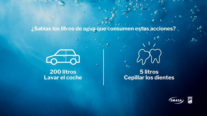 👉 ¿Sabías los litros de agua que consumen estas acciones?  

💧200 litros 👉 Lavar el coche 
💧5 litros👉 Cepillar los dientes  

Ayuda a proteger nuestro entorno, consume agua de manera responsable.