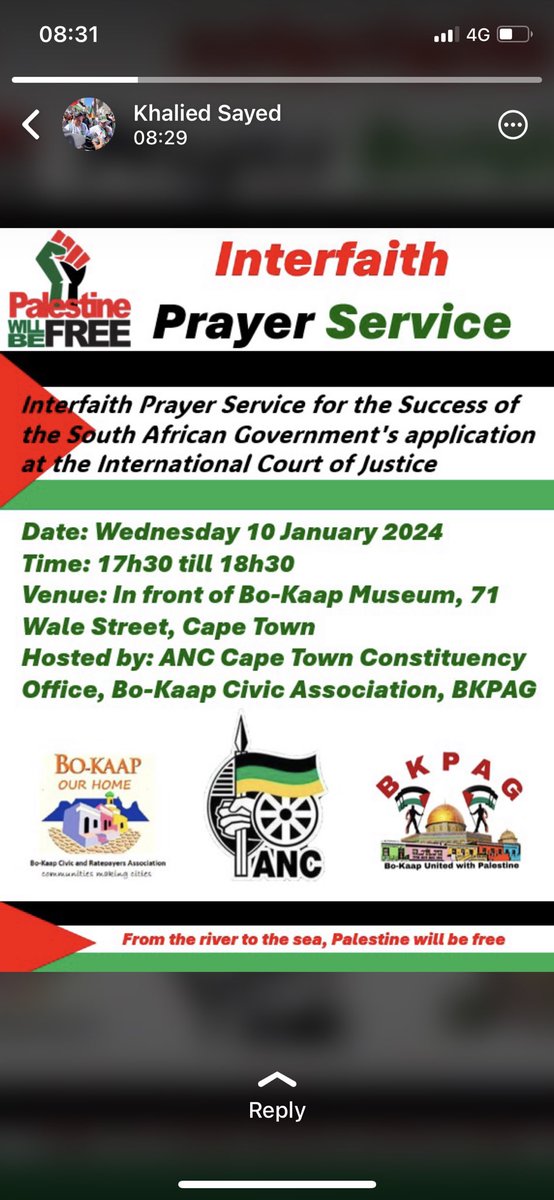 The Parliamentary Constituency Office of MPL Honourable Khalid Sayed will be having a interfaith prayer service. In solidarity with the people of Palestine! 

From the River to the Sea
Palestine will be free!!!
#ANC112 
#ANCWC
#ANC4Palestine
#RegisterToVoteANCWC 
⚫️🟢🟡
