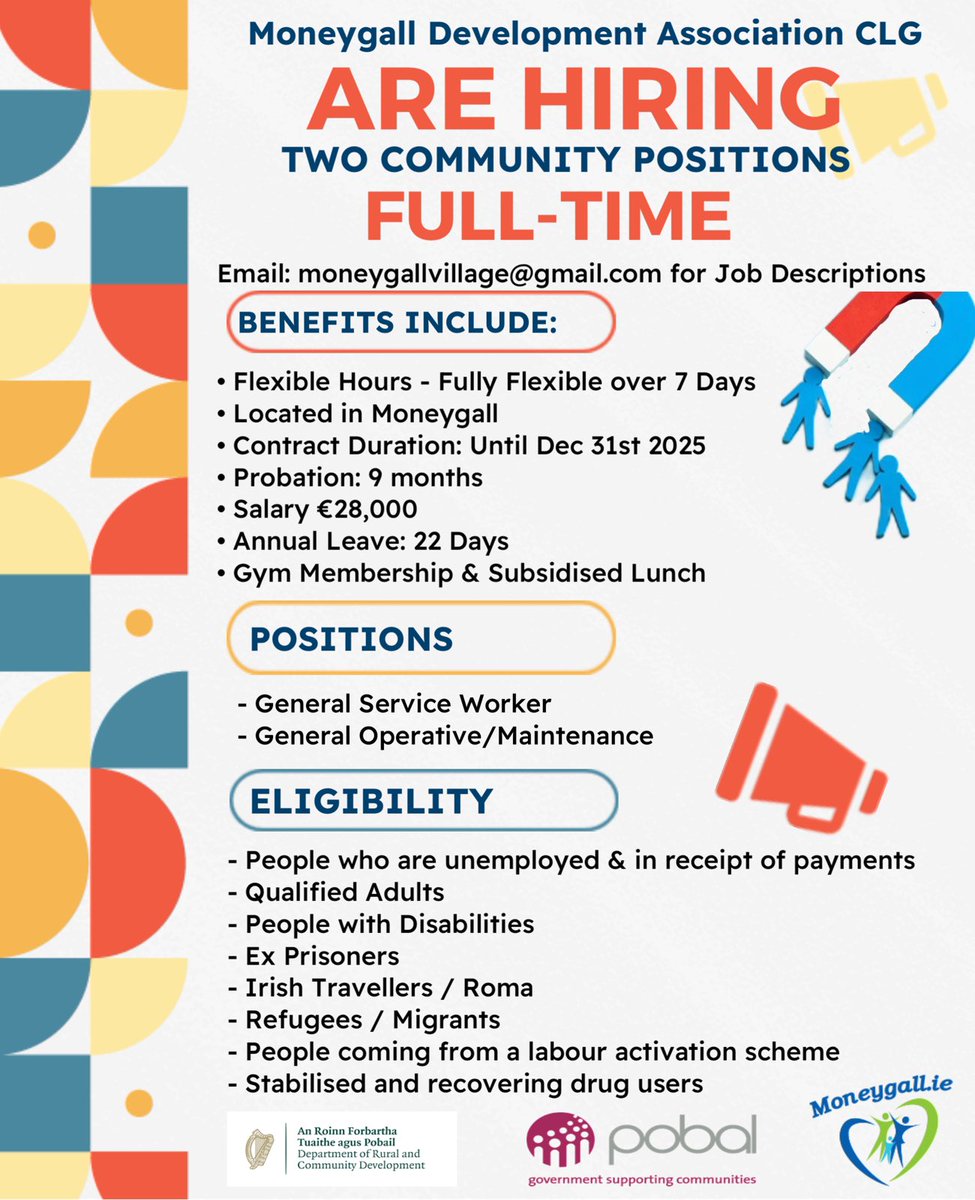 Moneygall Development Association are delighted to advertise three full time flexible positions, to help us develop and enhance our community. Closing Date is January 26th for detailed job description and criteria visit moneygall.ie/jobs