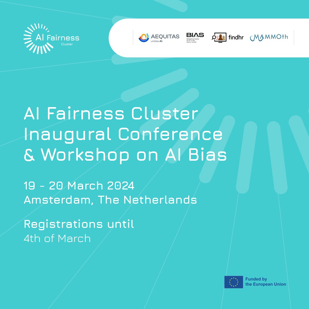 Excited to announce the AI Fairness Cluster Inaugural Conference & Workshop on AI Bias! 🗓️ When: 19-20 March 2024 📍 Where: Science Park Congress Center Venue, Amsterdam 🇳🇱 Register now👉: findhr.eu/ai-fairness-cl…
