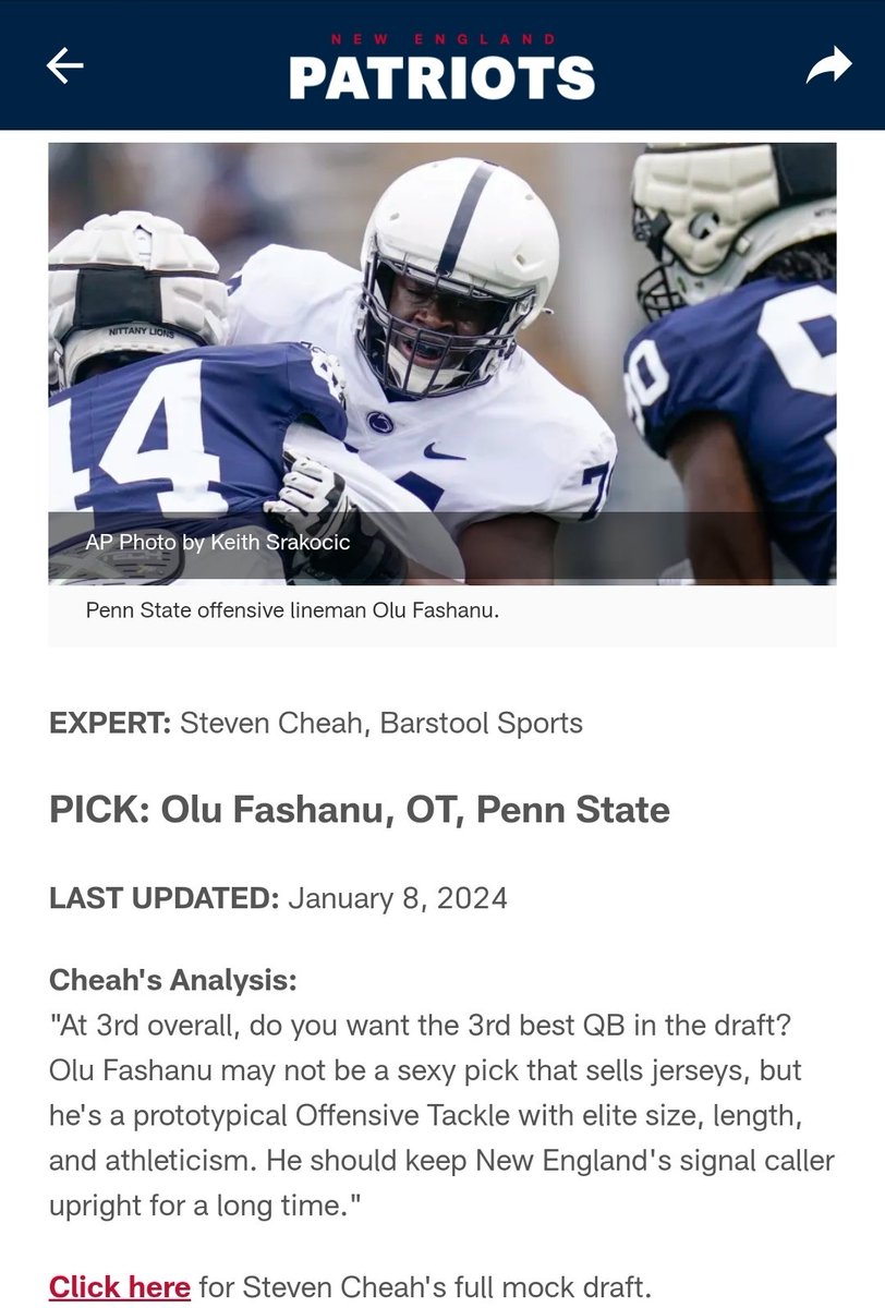 The <a href="/Patriots/">New England Patriots</a> are officially tracking <a href="/StevenCheah/">Steven Cheah</a> "expert analysis". This is getting out of hand <a href="/BarstoolYak/">The Yak</a> <a href="/BarstoolBigCat/">Big Cat</a>. Awful pick too.