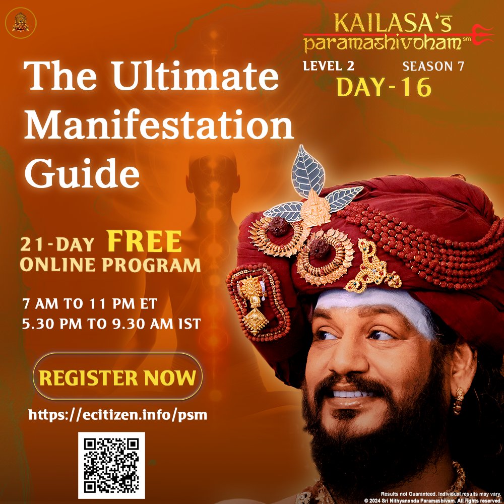 SriNithyananda's tweet photo. The Complete Guide of Manifestation: How to Manifest What You Want
Your life is the totality of different kinds of desires. Some are conscious, some are unconscious, some are authentic, while some are borrowed from the people around you. Manifesting what you desire needs only one thing: integrity, not effort.
If you struggle to attract the situations or people you desire, it is because you lack integrity about your objective. Conflicting desires, not being convinced about what you want, being in fantasy, or being held by guilt, these are the main impediments to your fulfillment.
Welcome to Paramashivoham Level-2! Today's sessions will enable you to create the right space inside you to manifest everything you want! The good news is, it is simple.
Interested in change? Join Paramashivoham today: https://t.co/VUKkcLyOM2
The 21-day Paramashivoham Level-2 Yoga & Meditation online program is a divine gift compassionately offered FREE by THE SUPREME PONTIFF OF HINDUISM (SPH), BHAGAVAN SRI NITHYANANDA PARAMASHIVAM.
#Nithyananda #KAILASA #Paramashivoham #Spirituality #Yoga #Manifestation #Potential #Tiruvannamalai