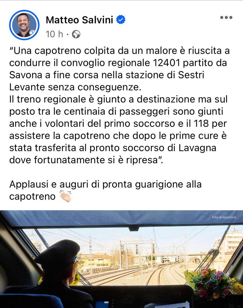 Il ministro dei Trasporti è convinto che un treno sia guidato da un capotreno e non da un macchinista.
#Salvini_Ignorante_e_cretino