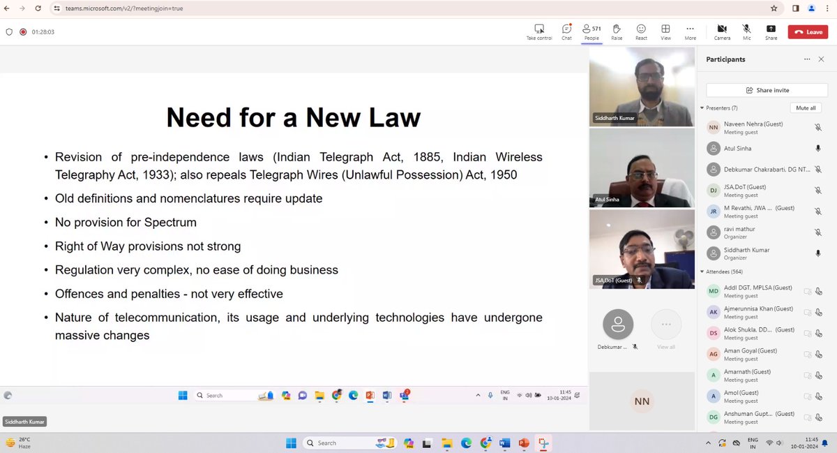 Dr. Neeraj Mittal, Secretary (Telecom) inaugurated the Webinar on "The Telecommunications Act 2023". More than 600 participants from DoT, industry and academia attended the webinar and indulged in fruitful discussions with the panellist speakers.