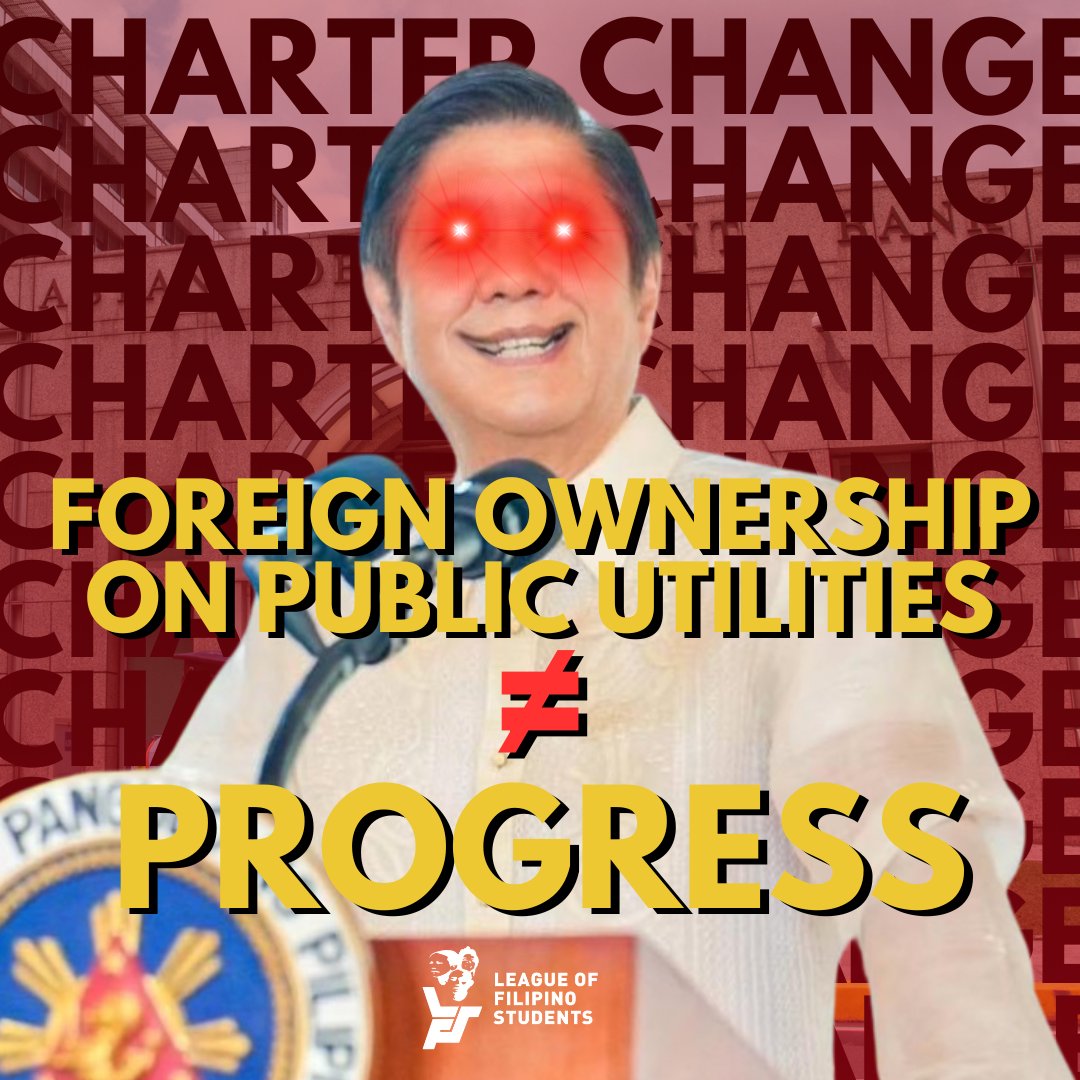 LFSPhilippines's tweet photo. ANG DAYUHANG PAGMAMAY-ARI AY HINDI KATUMBAS NG PAG-UNLAD!

Mariing kinukundena at tinututulan ng League of Filipino Students ang desperadong pagsusulong ng rehimeng Marcos Jr. ng kanyang anti-mamamayan at makadayuhang panukalang Charter Change. https://t.co/NLUmR2wScA