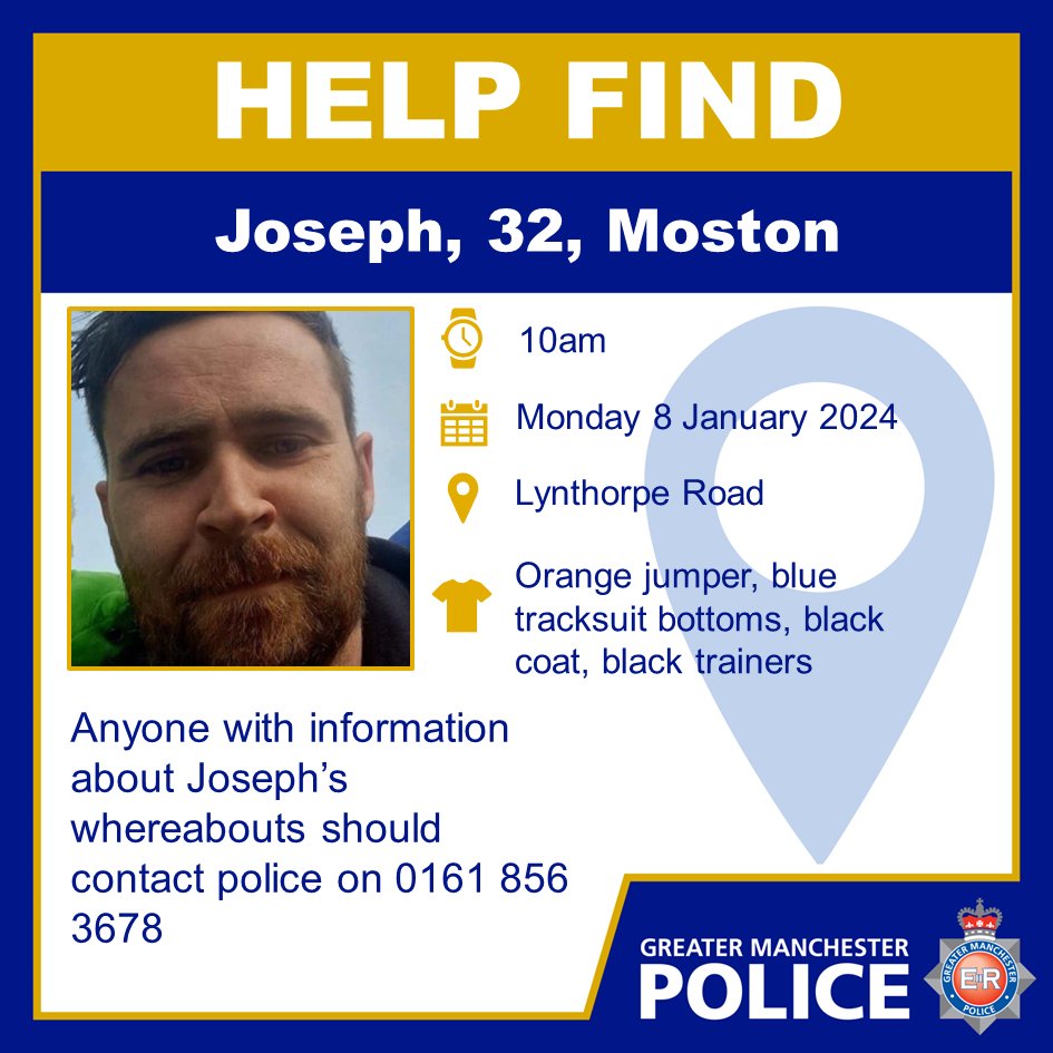 #MISSING I Officers in north Manchester are still concerned about Joseph, 32, who was last seen on Lynthorpe Road, Moston, at 10am on Monday. Anyone with information about Joseph’s whereabouts should contact police on 0161 856 3678 quoting MSP/06A1/0000074/24.