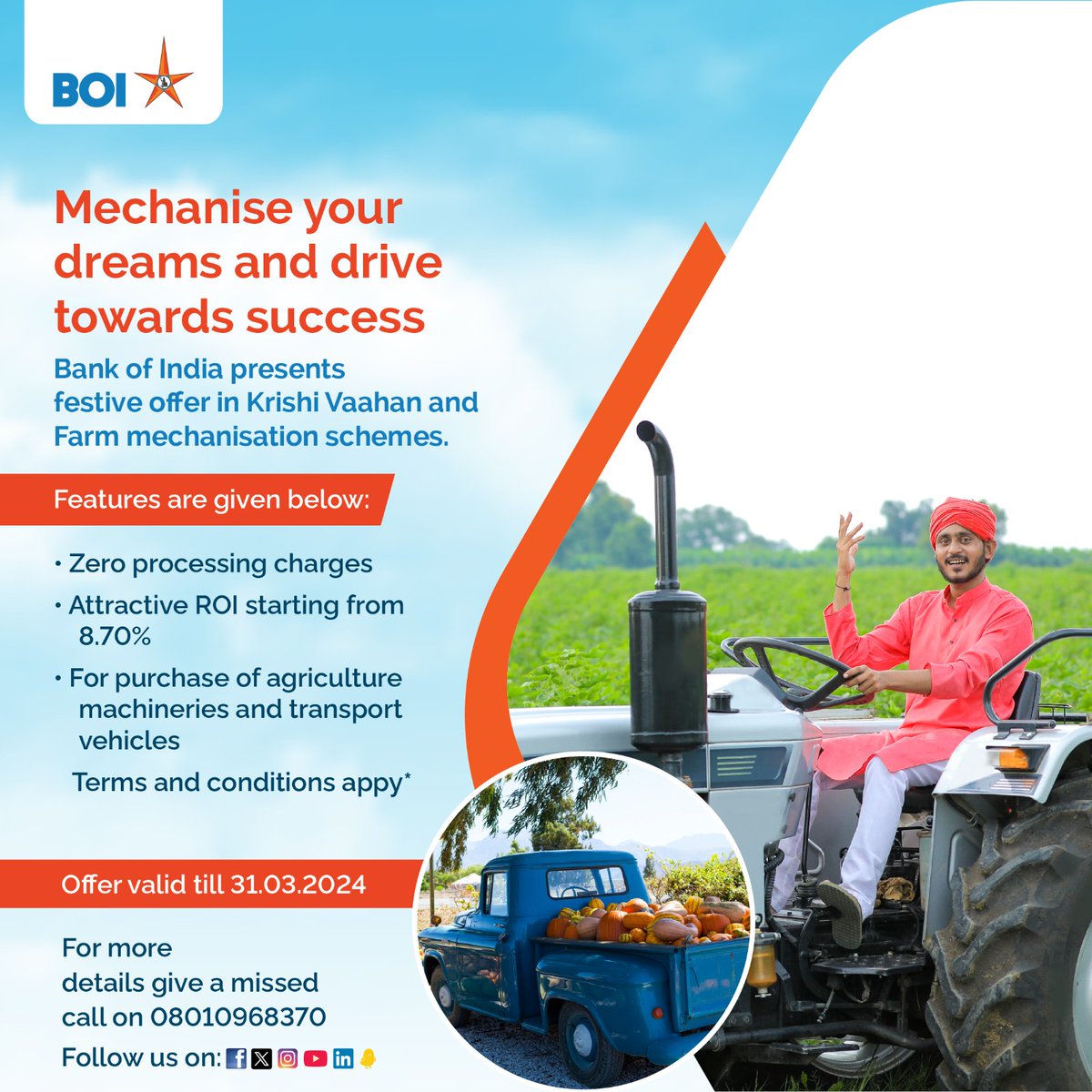 BankofIndia_IN's tweet image. Now all your farming needs will feel heard and supported. Just apply for Star Krishi Vaahan or Farm mechanization scheme under festive offer with concessional rate &amp;amp; charges with Bank of India. 
#BankofIndia #krishivahan #FarmMechanization