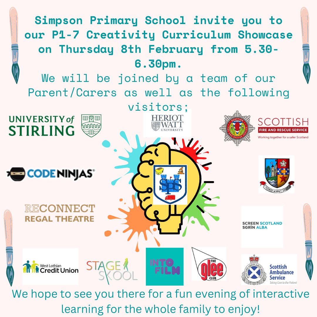 Please find attached the flyer for our annual Curriculum Showcase which is themed around creativity this year. The event is for P1-7 children and their families and will be taking place on Thursday 8th February 2024 from 5.30pm to 6.30pm. Further detail will be provided soon.