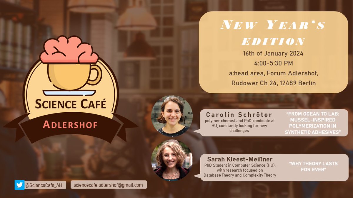Science Café Adlershof (@sciencecafe_ah) on Twitter photo #sciencecafe_ah is happening again: next week January 16th #CarolinSchroeter from <a href="/HumboldtChem/">Humboldt Berlin Chemistry</a> will talk about how mussels inspire chemical inventions and #sarahkleestmeißner about why theory lasts forever
Come by, have a drink and ask our speakers how their lab life looks like #sciencecafe_ah is happening again: next week January 16th #CarolinSchroeter from <a href="/HumboldtChem/">Humboldt Berlin Chemistry</a> will talk about how mussels inspire chemical inventions and #sarahkleestmeißner about why theory lasts forever
Come by, have a drink and ask our speakers how their lab life looks like