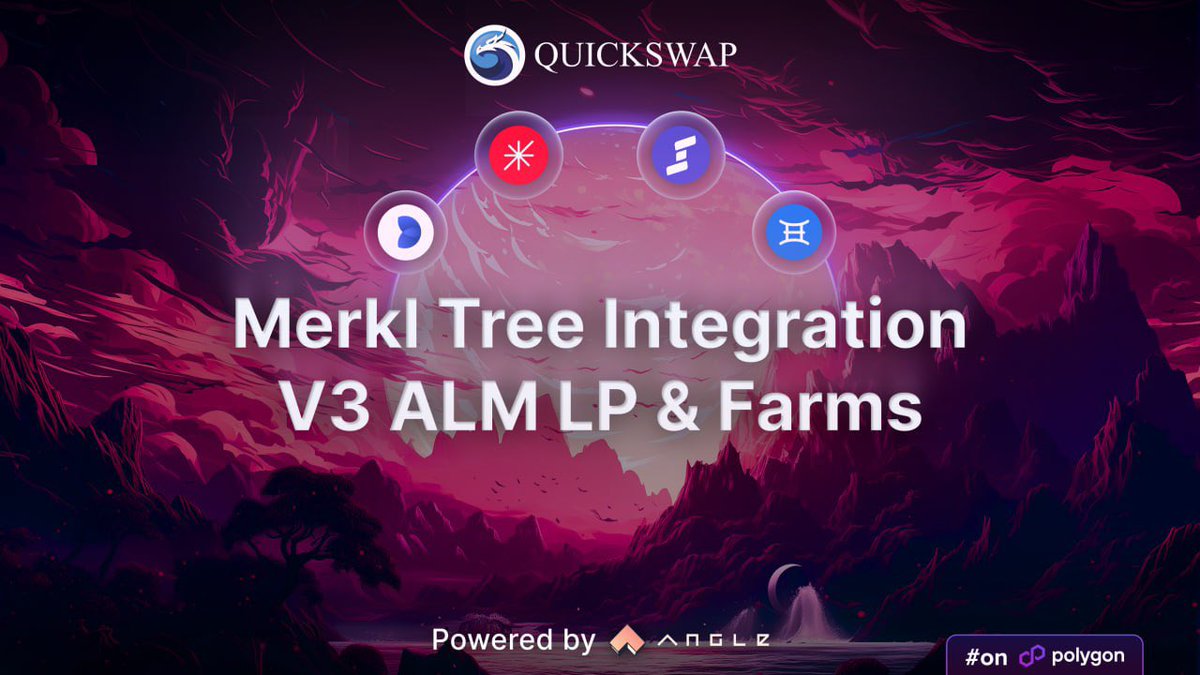 QuickswapDEX's tweet photo. Introducing QuickSwap's Merkl tree integration on #Polygon PoS, a more efficient and seamless way to LP and farm on the DEX 💧👨‍🌾 

Users can now provide liquidity and farm on QuickSwap's V3 in just 1 click, where they'll immediately begin earning rewards!

A massive UI/UX upgrade for LPs and huge leap forward for the DragonFi ecosystem - dragons pushing innovation to the limit.

Currently supported ALM providers are:

-@GammaStrategies
-@DefiEdge
-@steerprotocol
-@ichifoundation

Powered by @AngleProtocol, this Merkl tree integration gives users the option to provide liquidity to a token pair (in a vault) supported by an ALM and instantly start earning LP and farming rewards.

You can also check the "Farms" tab to view every available pair, supported ALM strategy, and rewards - all in one place.

This system also pools all emissions together - meaning certain ALM strategies can potentially access extra token rewards.

Game changer.