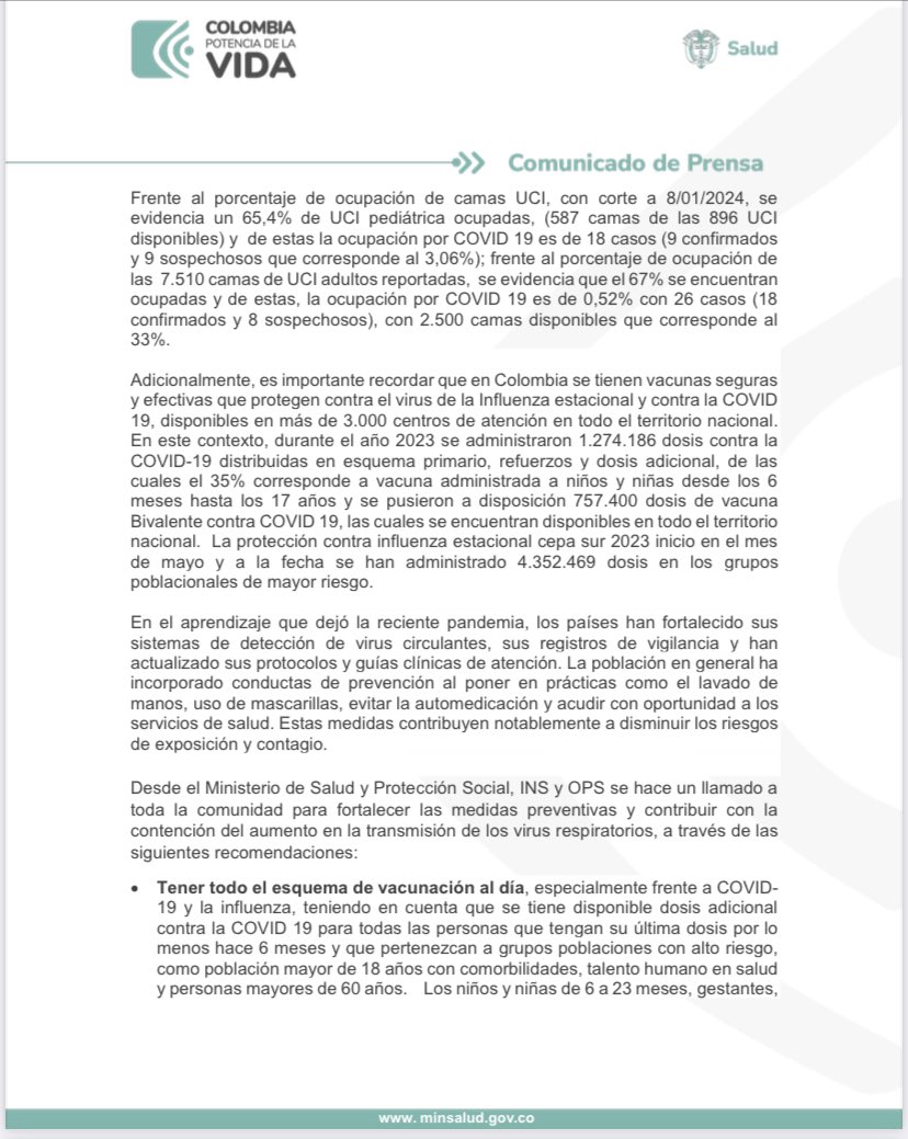MinSaludCol's tweet photo. #ATENCION Ante diferentes alertas de epidemias por virus respiratorios, la Organización Mundial de la Salud (OMS) @OPSOMS_Col , el @MinSaludCol y el @INSColombia emiten un comunicado conjunto reiterando la invitación a vacunarse y a mantener todas las medidas preventivas frente al #COVID19
Las Vacunas son Seguras y Salvan Vidas