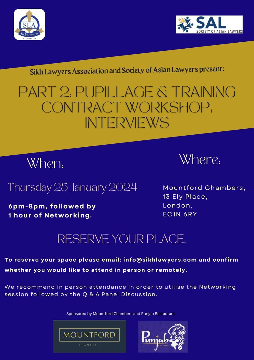 SocAsianLawyers's tweet photo. CALLING ALL STUDENTS/GRADUATES. We have teamed up with @SikhLawyers to bring you these 2 fabulous events. Events are free, so sign up now! Email info@sikhlawyers.com
@mountforduk
@ChCtChambers 
@punjabrestaurant 
#lawstudents #nextgenlawyers #interviewtechnique #dropinclinic https://t.co/imQBbbdtXA