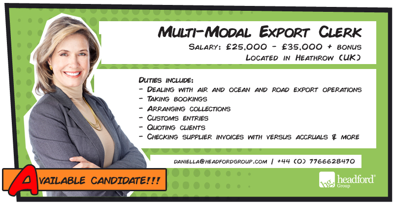 Candidate available for immediate interviews: 👇‍💼
HeadfordGroup is #recruiting for an experienced Multi-Modal Export Clerk to join a well established, Freight Forwarding client based local in Heathrow area.

If interested:
📞 +44 (0) 7766628470
📧 daniella@headfordgroup.com